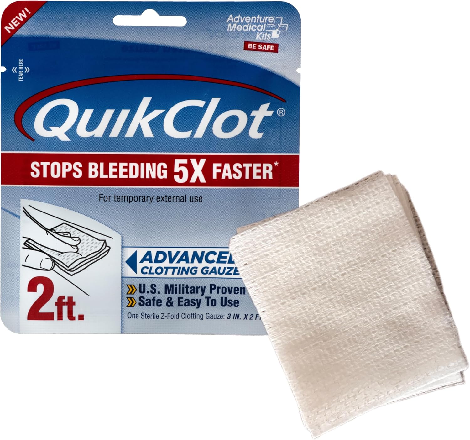 Adventure Medical Kits QuikClot Gauze - Flexible Hemostatic Medical Gauze for Emergency Survival or Disaster Preparedness Kits & More - Stops Bleeding Fast with Kaolin - 3" x 24"